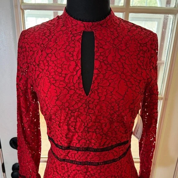 Shoshanna Romantic Red Lace Long Sleeve Keyhole Dress NWT Anthropologie - Picture 6 of 16